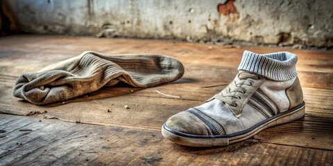 Dirty sock and shoe left on the floor, neglected, mess, messy, footwear, apparel, dirty, unclean, forgotten, abandoned, floor