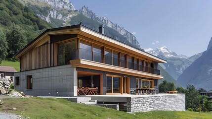 Robust building engineering mountainous terrains demonstrating the integration of timber and reinforced concrete