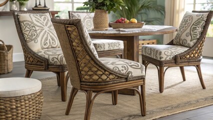 The woven dining chairs feature intricate patterns that echo the textures of the surroundings while their comfortable cushions provide a welcoming spot for family and friends to