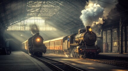 Two Vintage Steam Trains in a Historic Train Station