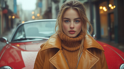 Fashionable Girl Steps Out of Vibrant Red саr