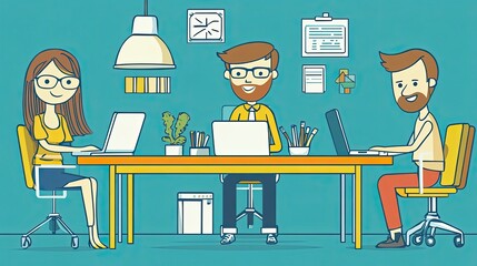 Three Cartoon Characters Working at a Desk with Laptops