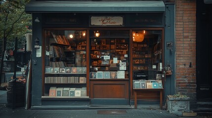 Charming vintage bookstore storefront with books displayed in windows.
