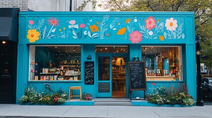 Charming teal storefront with floral mural, displaying products and signage.