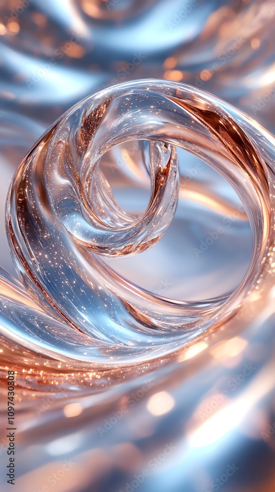 Poster a swirling abstract design with glass-like textures and shimmering colors.