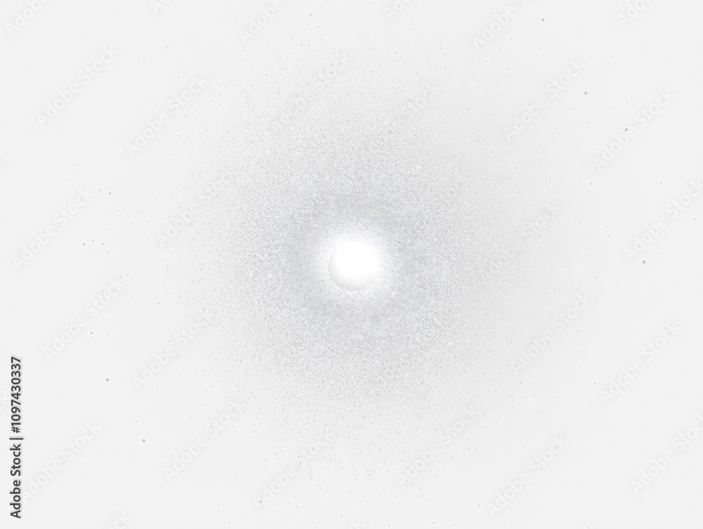 Poster bright central light surrounded by radiating particles in dark space.