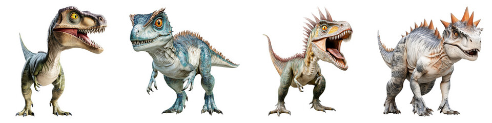 Fototapeta premium dinosaur on Transparent Background concept. A series of dinosaur figures, showcasing various types in different postures and designs.