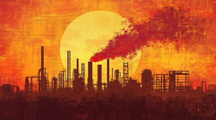 Obraz premium Silhouette of an industrial cityscape with smoke plumes at sunset