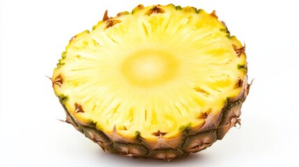 A juicy slice of pineapple with its vibrant yellow flesh and spiky skin, Each slice’s rich color and subtle imperfections captured with precision