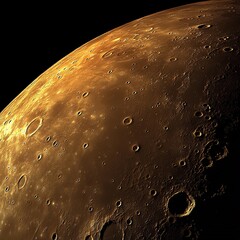 Close-up view of a celestial body's surface, showing craters and texture.