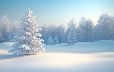 Fototapeta premium A tranquil winter landscape showcasing snow-covered evergreen trees in a serene snowy field, perfect for Christmas, winter decor, or seasonal promotions.