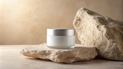 A luxurious skincare jar rests elegantly atop a natural stone, showcasing its simplistic design and natural appeal.