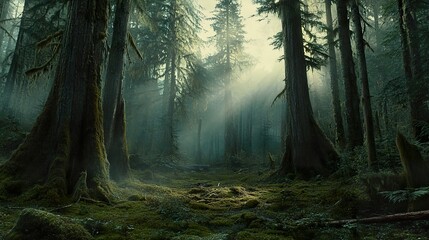 Fototapeta premium Sunbeams pierce a misty, moss-covered forest.