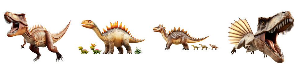 Obraz premium dinosaur on Transparent Background concept. A series of detailed dinosaur figures showing various species with distinct features and postures.