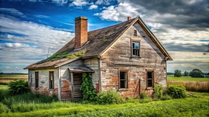 Obraz premium A weathered farmhouse, reclaimed by nature, stands solitary under a dramatic sky, its aged wood and brick a testament to time's relentless passage.