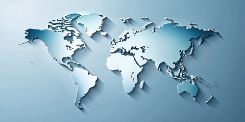 A detailed, embossed world map illustration with subtle shadowing, depicting continents and oceans in a cool tone palette.