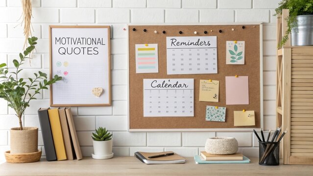Surrounding elements encompass a large bulletin board adorned with motivational quotes reminders and a calendar effortlessly blending functionality with a personal touch inviting