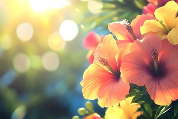 A vibrant display of hibiscus flowers in soft sunlight, evoking a tropical atmosphere.