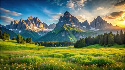 Fototapeta premium Majestic Mountain Range at Sunset, a Serene Meadow with Wildflowers