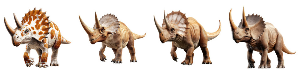 Obraz premium dinosaur on Transparent Background concept. Four distinct dinosaur models featuring various horn formations and body patterns, showcasing detailed textures and natural coloration.
