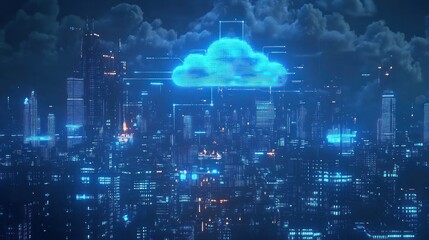 Obraz premium Futuristic cityscape with a glowing cloud symbolizing data storage.