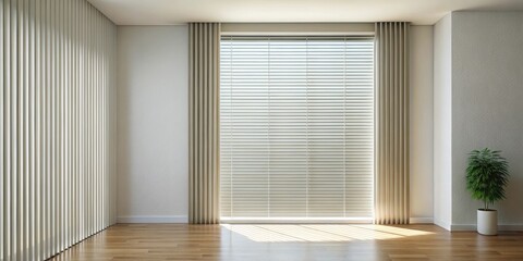 Fototapeta premium Modern minimalist room interior design with neutral tones, featuring large window with horizontal blinds and flowing curtains, hardwood floor, and a potted plant in a corner.