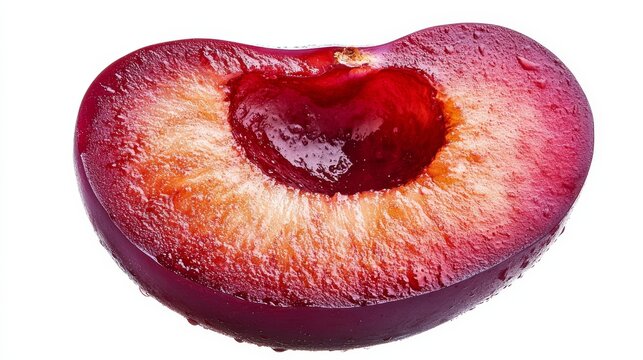 A juicy slice of plum with its vibrant purple skin and sweet flesh, Each slice&rsquo;s rich color and subtle imperfections captured with precision