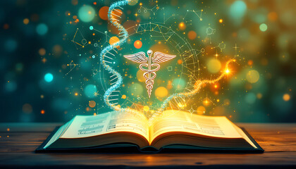 Obraz premium An open book surrounded by glowing DNA strands, a golden caduceus symbol, and flowers in a vase, representing the harmony of medicine, science, and nature.