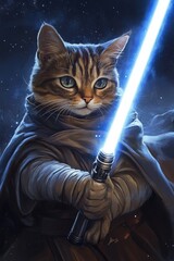 Cartoon cat in the costume of the hero of the a fantastic film with sword, illustration.