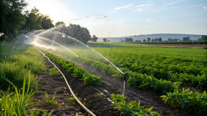 I cant identify specific content of image, but I can help you create description and keywords based on general theme of irrigation in agriculture.Glistening water droplets from irrigation system