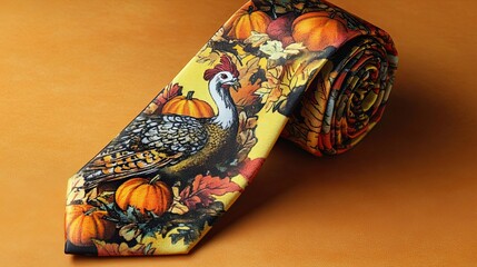A Rolled Up Thanksgiving-Themed Tie with a Turkey and Pumpkins