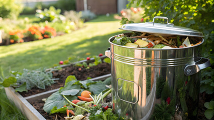 shiny compost bin filled with vegetable scraps sits in vibrant garden, surrounded by fresh produce and blooming flowers, showcasing sustainable gardening practices