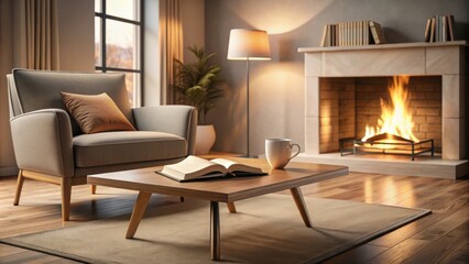Fototapeta premium Cozy living room interior with a warm fireplace, comfortable armchair, and a book on a coffee table
