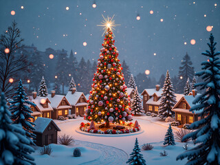 Obraz premium Charming snowy village with festive christmas tree and twinkling lights at night, digital art of fantasy landscape concept.