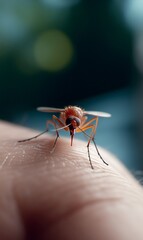 Close-up of a mosquito feeding on human skin.