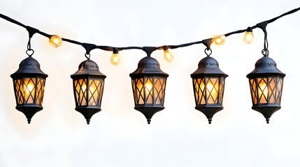 String of black lanterns with a warm, inviting glow against a minimalist white backdrop.