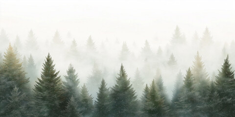 Fototapeta premium A serene landscape of a pine forest shrouded in mist and fog, creating an ethereal atmosphere with the tall trees fading into the light fog, peace surrounding.
