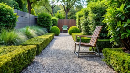 Obraz premium Serene Garden Path with a Wooden Chair and Lush Greenery