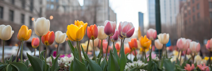 Brightly colored tulips stand tall amidst bustling city buildings, adding a vivid splash of color and nature to the urban landscape on a clear and cheerful day.