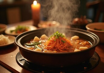 Warm bowl of noodles with vegetables served on a wooden table during dinner