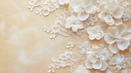 Delicate lace and white flowers create an elegant, decorative background.