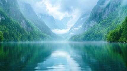 Serene Mountain Lake Enveloped in Misty Morning Light