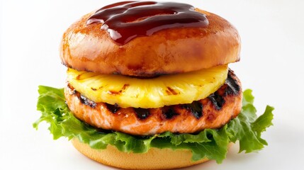 A juicy teriyaki salmon burger with a grilled salmon patty, pineapple slice, lettuce