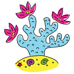 blue corals with pink flowers on them stand on yellow sand with shells of different colors