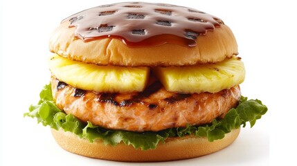 A juicy teriyaki salmon burger with a grilled salmon patty, pineapple slice, lettuce