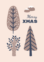 Merry Christmas xmas greeting card or poster with winter trees, mountains. Flat vector illustration for print, scrapbooking, social media.
