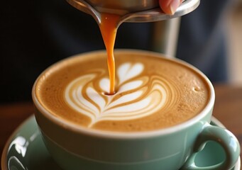 Creating latte art with skilled hands in a cozy cafe setting