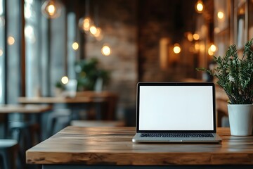 Laptop with blank screen on wooden table in modern cafe with plants and warm lighting
