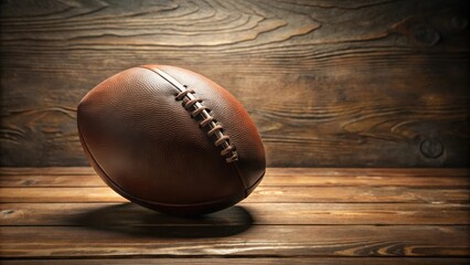Rustic brown leather football on dark wooden surface background