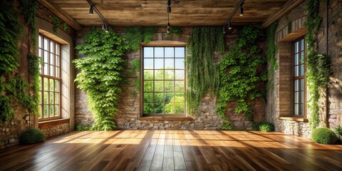 Sunlit Room with Stone Walls and Lush Greenery